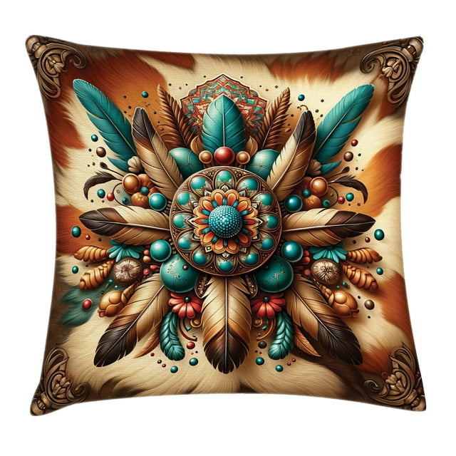Ambesonne Rustic Throw Pillow Cushion Cover, Boho Earthy Feathers Mandala, 24" X 24", Teal Cinnamon Brown
