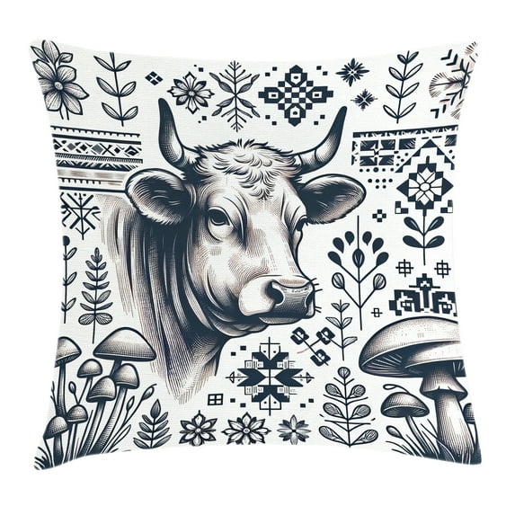 Ambesonne Rustic Throw Pillow Cushion Cover, Botanical Southwestern Cow, 40" X 40", Dark Blue Grey and White