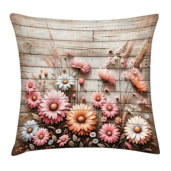 Ambesonne Rustic Throw Pillow Cushion Cover, Cottagecore Meadow Flowers, 24" X 24", Pink Salmon and Pale Taupe