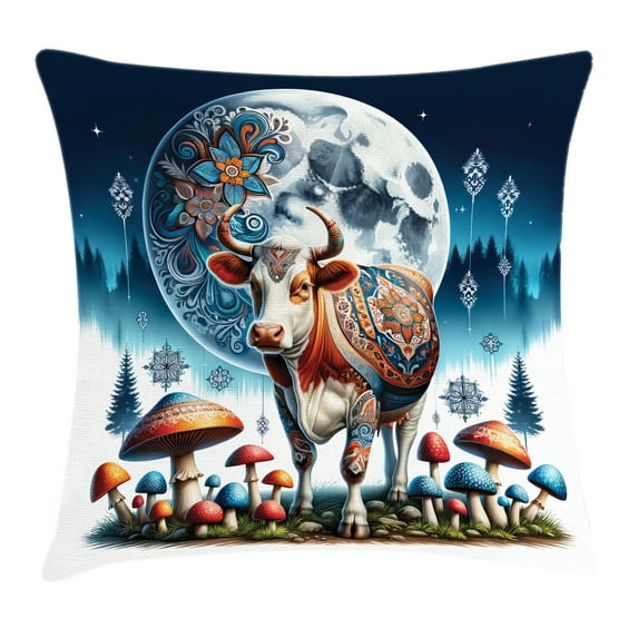 Ambesonne Rustic Throw Pillow Cushion Cover, Ethnic Night Woods Moon Cow, 20" X 20", Petrol Blue and Burnt Sienna