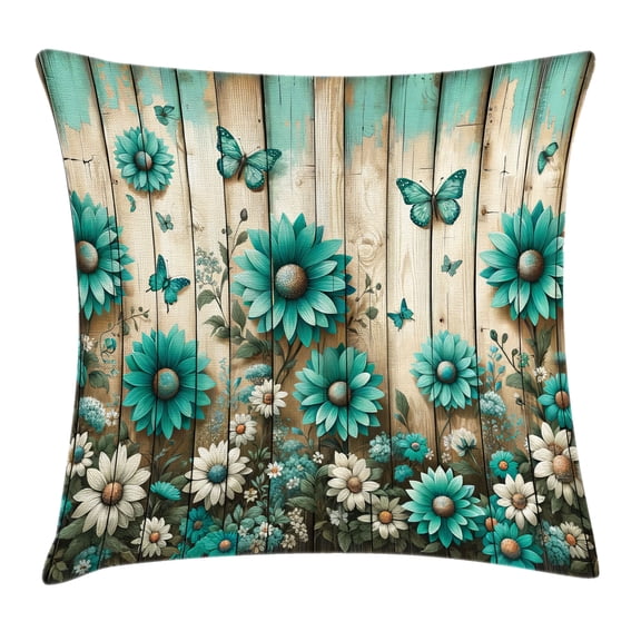 Ambesonne Rustic Throw Pillow Cushion Cover, Farmhouse Cold Tone Daisies, 16" X 16", Turquoise and Grey Yellow