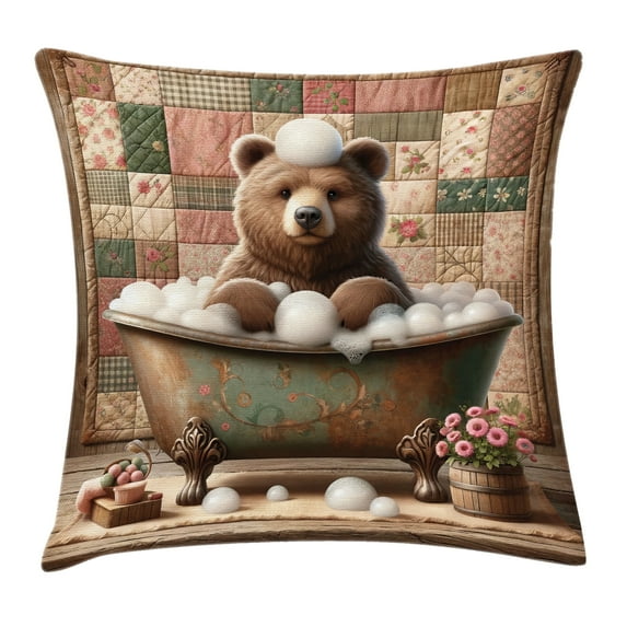 Ambesonne Rustic Throw Pillow Cushion Cover, Farmhouse Grizzly Bear Bath, 18" X 18", Chocolate Rose Green