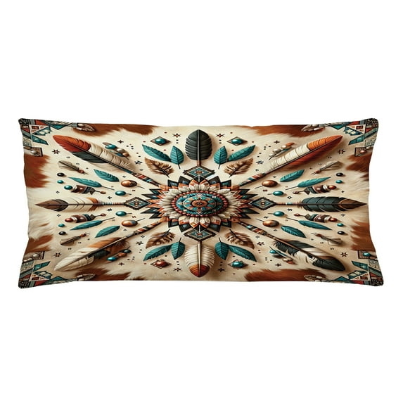 Ambesonne Rustic Throw Pillow Cushion Cover, Feathers and Arrows Folk Art, 36" X 16", Redwood Teal Champagne