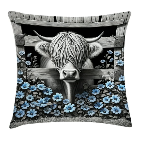 Ambesonne Rustic Throw Pillow Cushion Cover, Monochrome Farmhouse Cow, 36" X 36", Grey Black and Blue