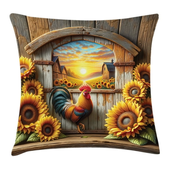 Ambesonne Rustic Throw Pillow Cushion Cover, Sunset Rooster Sunflowers, 24" X 24", Earth Yellow and Caramel