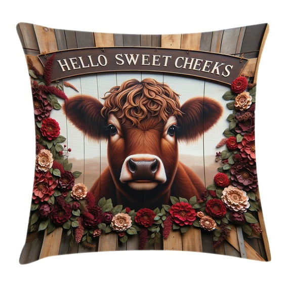 Ambesonne Rustic Throw Pillow Cushion Cover, Vintage Cottagecore Art Cow, 26" X 26", Redbrown Maroon Taupe