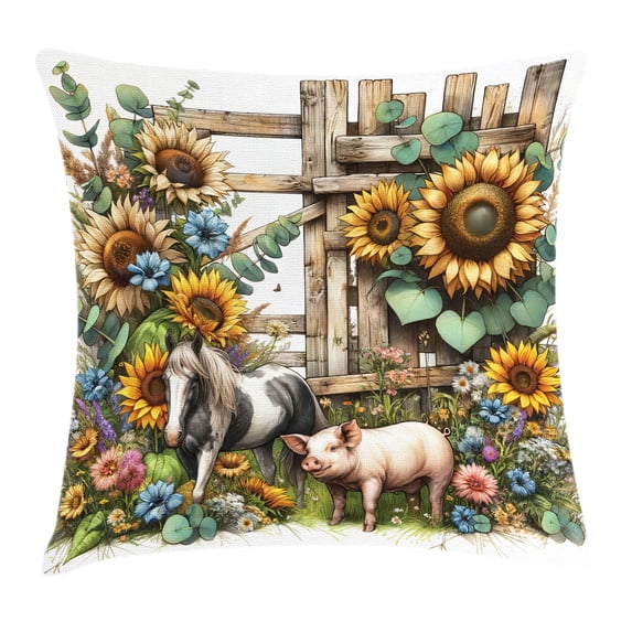 Ambesonne Rustic Throw Pillow Cushion Cover, Vintage Farm Pig and Horse, 18" X 18", Mustard Green Taupe