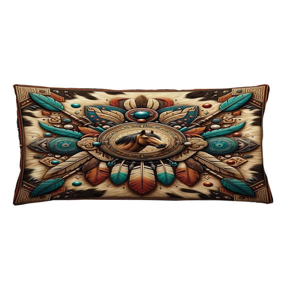 Ambesonne Rustic Throw Pillow Cushion Cover, Wild West Horse Feathers, 36" X 16", Teal Dark Taupe Cinnamon