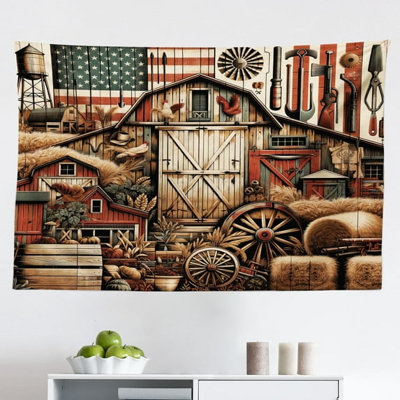 Ambesonne Rustic Wall Hanging Tapestry, American Barn Western Farm, 45"x30", Paprika Caramel and Dark Teal