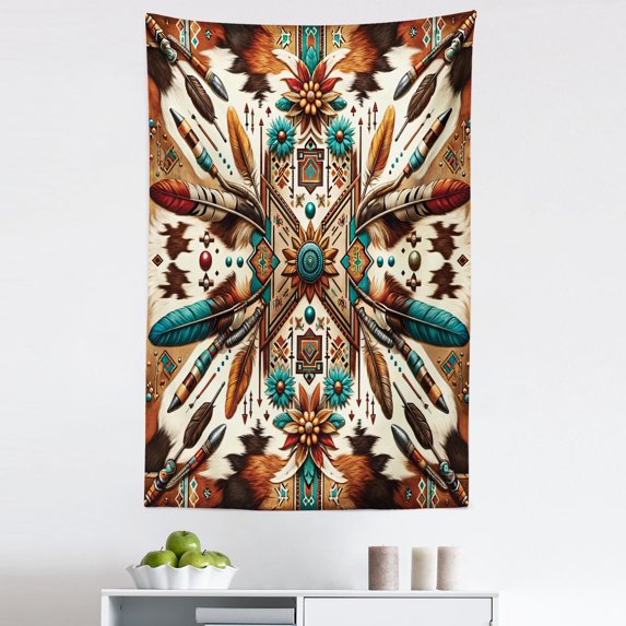 Ambesonne Rustic Wall Hanging Tapestry, Aztec Inspired Feathers Art, 30"x45", Cinnamon Redbrown and Teal