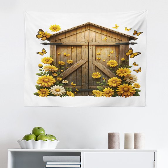 Ambesonne Rustic Wall Hanging Tapestry, Barn Cottage Summer Flowers, 28"x23", Earth Yellow and Cocoa