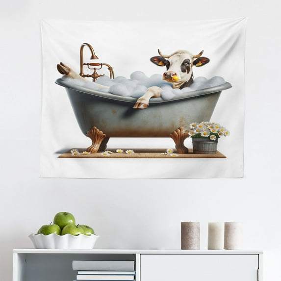 Ambesonne Rustic Wall Hanging Tapestry, Bathing Cow and Chamomiles, 28"x23", Coconut White and Cinnamon