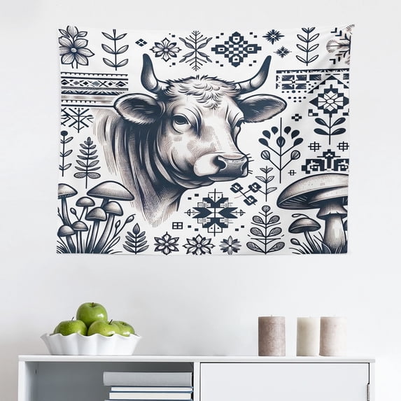 Ambesonne Rustic Wall Hanging Tapestry, Botanical Southwestern Cow, 28"x23", Dark Blue Grey and White
