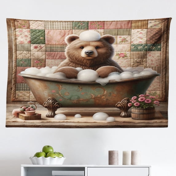 Ambesonne Rustic Wall Hanging Tapestry, Farmhouse Grizzly Bear Bath, 45"x30", Chocolate Rose Green