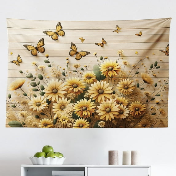 Ambesonne Rustic Wall Hanging Tapestry, Meadow Bloom Butterflies, 45"x30", Pale Orange Tan Green