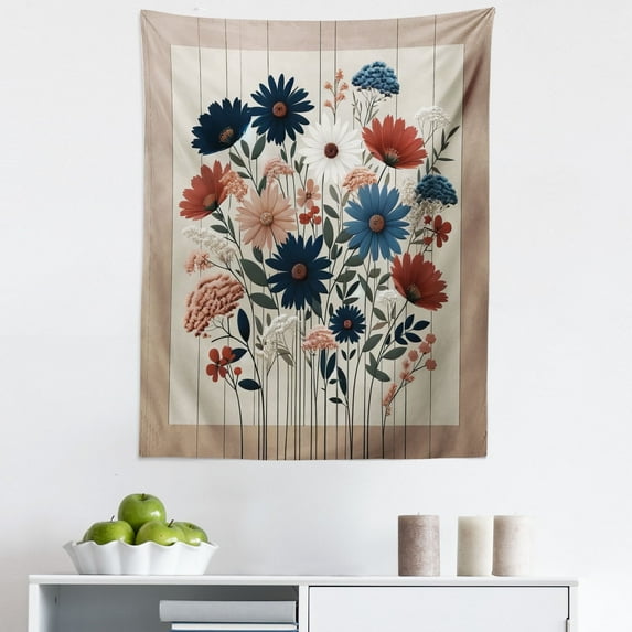 Ambesonne Rustic Wall Hanging Tapestry, Modern Botanical Wild Floral, 23"x28", Warm Taupe Dark Blue Ruby