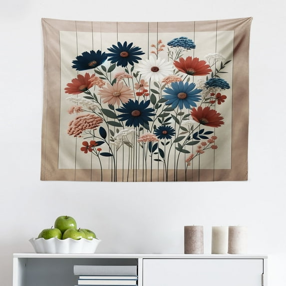 Ambesonne Rustic Wall Hanging Tapestry, Modern Botanical Wild Floral, 28"x23", Warm Taupe Dark Blue Ruby