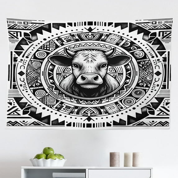 Ambesonne Rustic Wall Hanging Tapestry, Southwestern Cow Sketch Art, 45"x30", Charcoal Grey and White