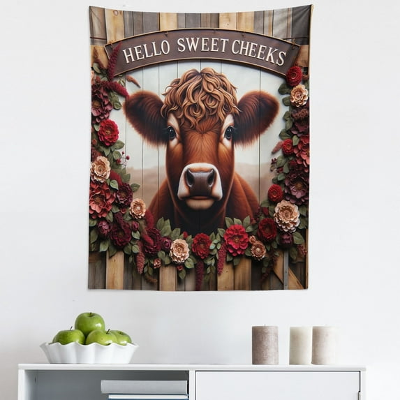 Ambesonne Rustic Wall Hanging Tapestry, Vintage Cottagecore Art Cow, 23"x28", Redbrown Maroon Taupe