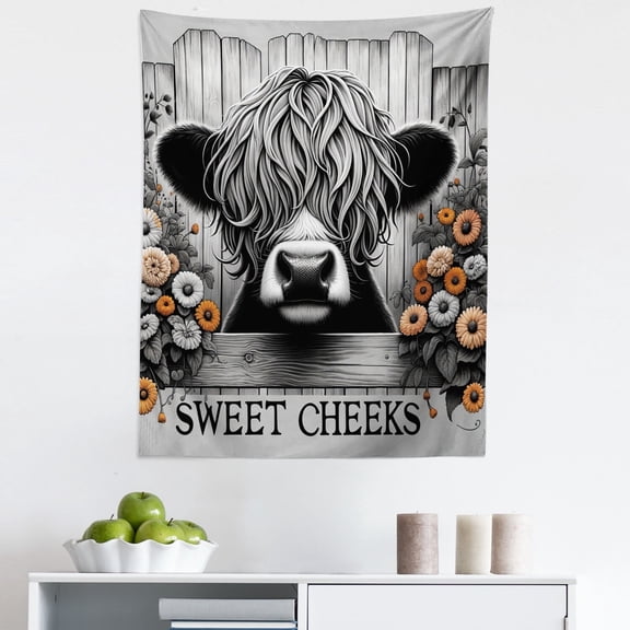 Ambesonne Rustic Wall Hanging Tapestry, Vintage Farmhouse Cow Cheeks, 23"x28", Grey Black and Orange