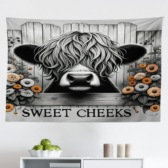 Ambesonne Rustic Wall Hanging Tapestry, Vintage Farmhouse Cow Cheeks, 45"x30", Grey Black and Orange