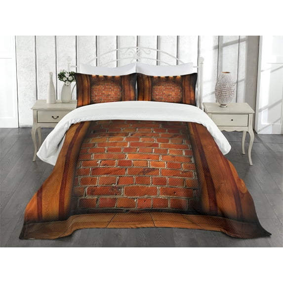 Ambesonne Rustic Wall Quilted Bedspread Set 3 Pcs, Brickwork, King Size, Orange Dark Orange