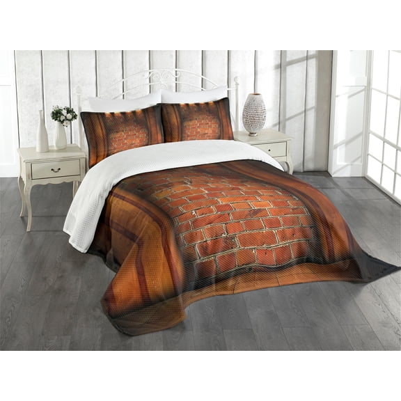 Ambesonne Rustic Wall Quilted Bedspread Set 3 Pcs, Brickwork, Queen Size, Orange Dark Orange
