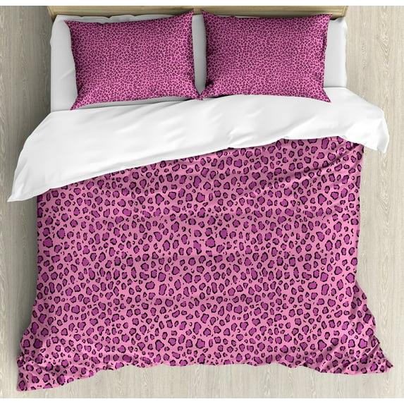 Ambesonne Safari Duvet Cover Sets, Leopard Skin Spots Pattern, 2-Queen, Hot Pink Pale Pink
