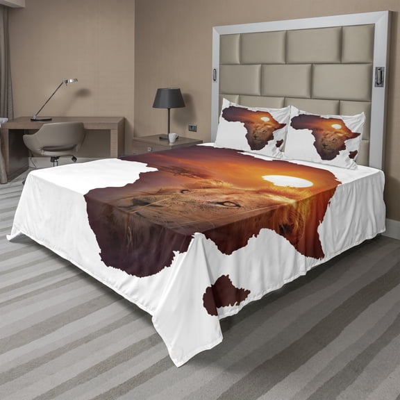 Ambesonne Safari Fitted & Top Sheet Set with Shams, Lion and African Map Sunset, Eggplant and Orange