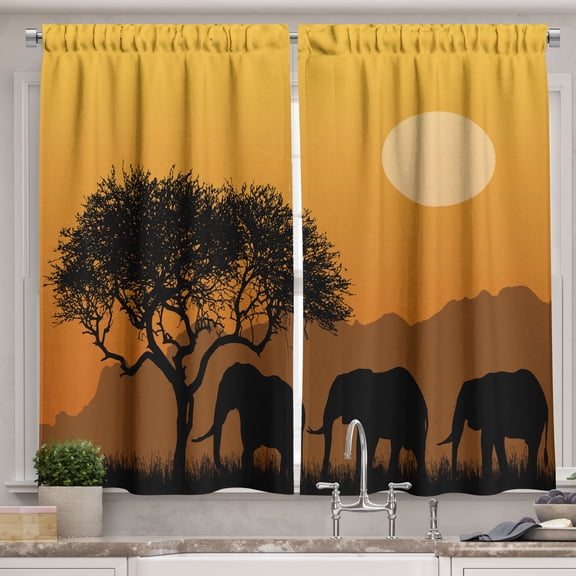 Ambesonne Safari Kitchen Curtains, African Silhouette Nature, 55"x45", Dark Yellow Multicolor