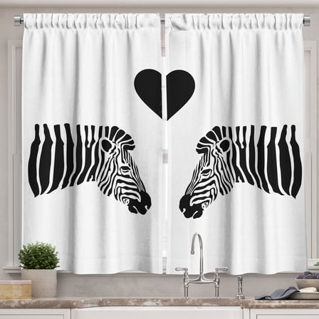 Ambesonne Safari Kitchen Curtains, Romantic 2 Zebras Pattern, 55"x24", Charcoal Grey and White