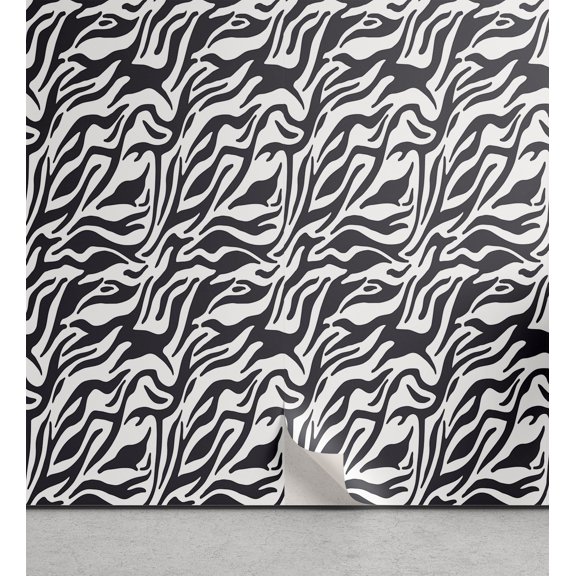 Ambesonne Safari Peel & Stick Wallpaper for Home, Wavy Wildlife Animal Stripes, 13"x36", Dark Grey and White