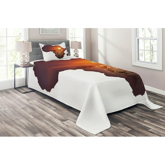 Ambesonne Safari Quilted Coverlet 2 Pcs, Lion and African Map Sunset, Twin Size, Eggplant and Orange