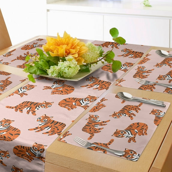 Ambesonne Safari Table Runner & Placemats, Fun Tigers Pattern, Placemat 4 pcs + Runner 14"x72", Blush Orange and Dark Grey