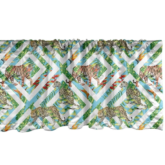 Ambesonne Safari Window Valance, Exotic Wilderness Tiger and Leopards on Geometric Boho Bird of Paradise Flourish, Curtain Valance for Kitchen Bedroom Decor with Rod Pocket, 54" X 12", Multicolor