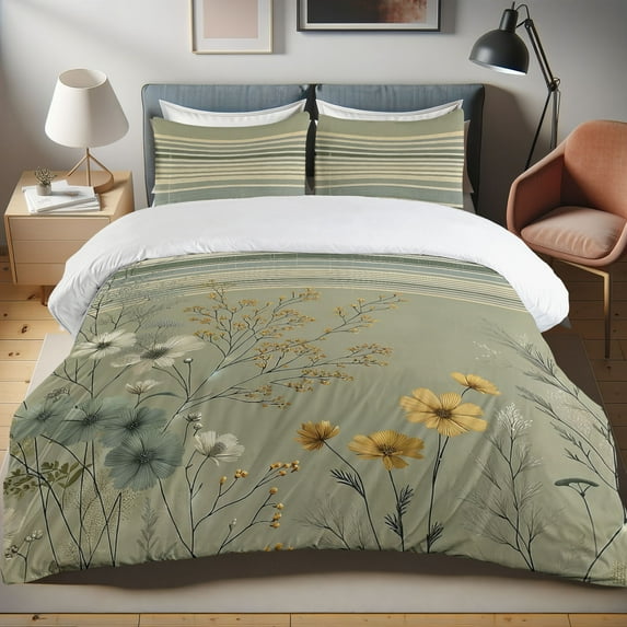 Ambesonne Sage Duvet Cover Set, Boho Flowers and Thin Branches, Twin, Pale Olive Green Mustard