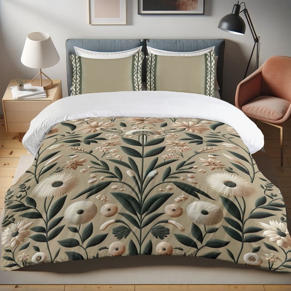 Ambesonne Sage Duvet Cover Set, Ethnic Essence Soft Hue Floral, Calking, Beige Dark Green and Peach