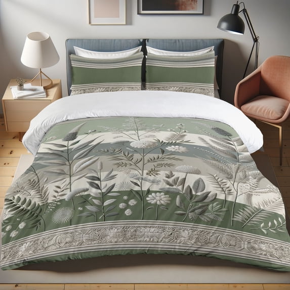 Ambesonne Sage Duvet Cover Set, Gentle Garden Boho Botanical, Queen, Grey Teal and Reseda Green