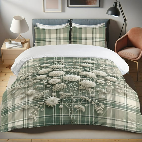 Ambesonne Sage Duvet Cover Set, Romantic Meadow Floral Tartan, Queen, Reseda Green Off White