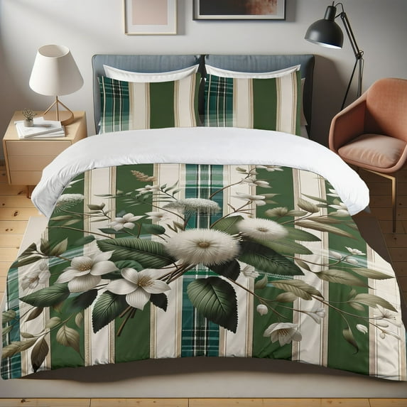 Ambesonne Sage Duvet Cover Set, Vintage Botanical Bloom Plaid, Calking, Olive Green and Dark Teal