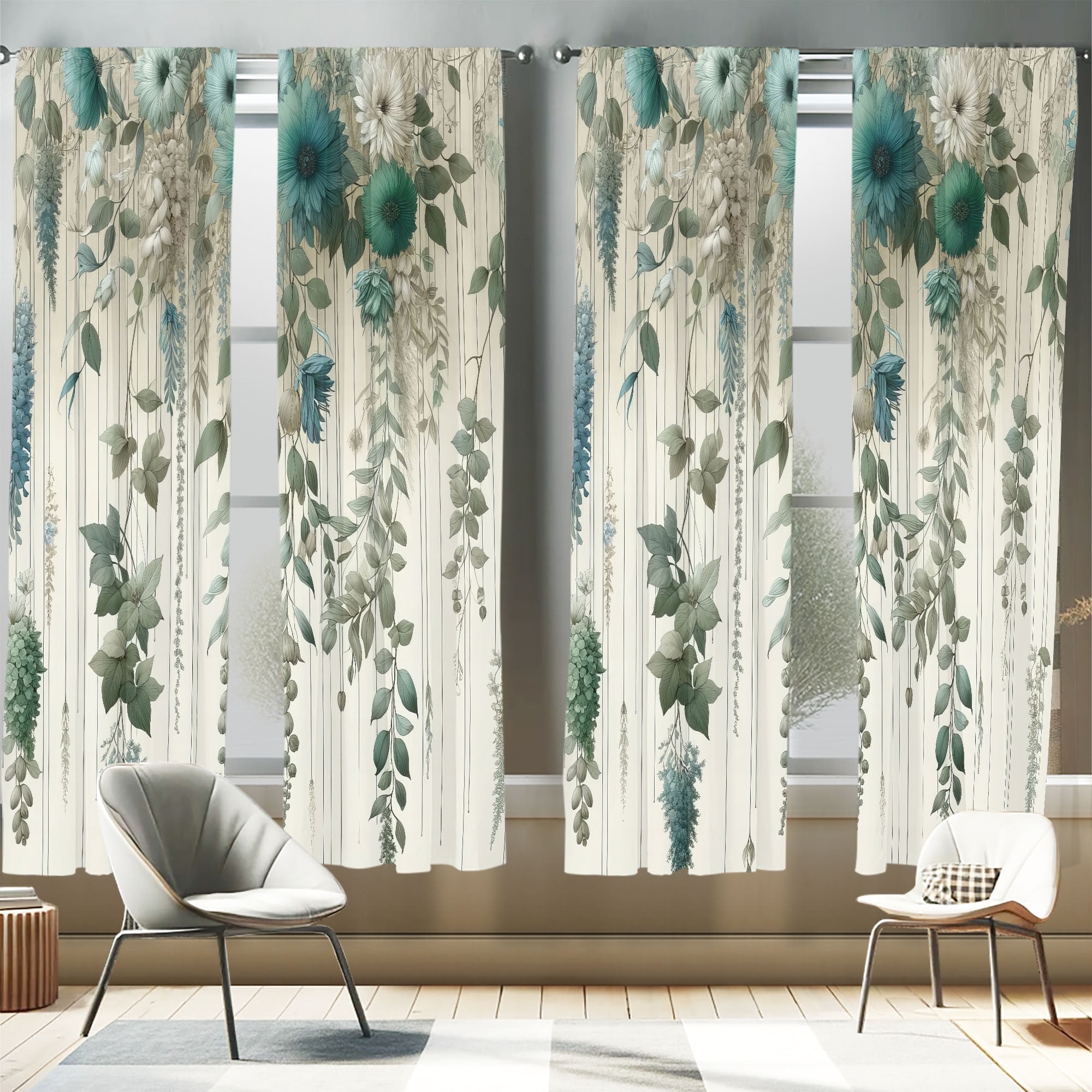 Eggshell Grey Teal Floral Microfiber Room-Darkening Curtain Set