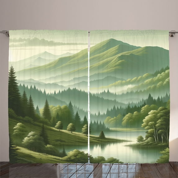 Ambesonne Sage Green Curtains 2 Panel Set, Dreamy Scenario Meadow, 108" x 108", Slate Brown Teal