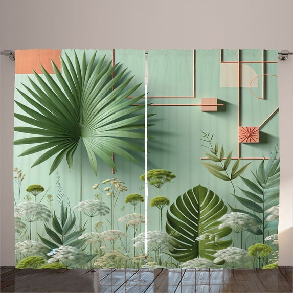 Ambesonne Sage Green Curtains 2 Panel Set, Jade Tone Exotic Leaves, 108" x 90", Cadet Blue Teal Salmon