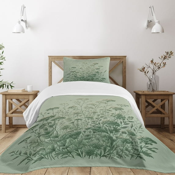 Ambesonne Sage Green Quilted Bedspread Set 2 Pcs, Botanical Wildfloral Art, Twin Size, Pale Teal Emerald