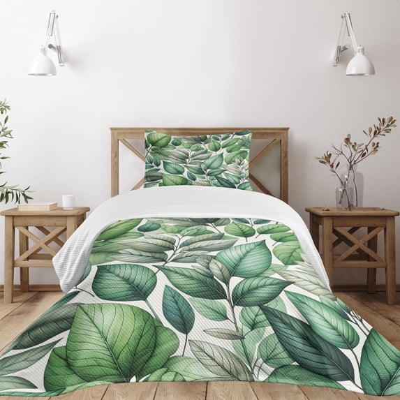 Ambesonne Sage Green Quilted Bedspread Set 2 Pcs, Exotics Huddle Forest, Twin Size, Seafoam Pale Teal White