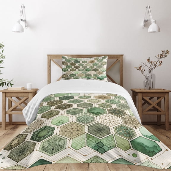 Ambesonne Sage Green Quilted Bedspread Set 2 Pcs, Honeycomb Abstract Print, Twin Size, Eggshell Caramel Teal