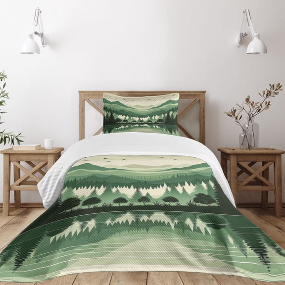 Ambesonne Sage Green Quilted Bedspread Set 2 Pcs, Modern Mountain Range, Twin Size, Dusk Eggshell Teal