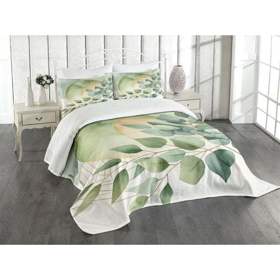 Ambesonne Sage Green Quilted Bedspread Set 3 Pcs, Modern Boho Eucalyptus, King Size, Cadet Blue Eggshell