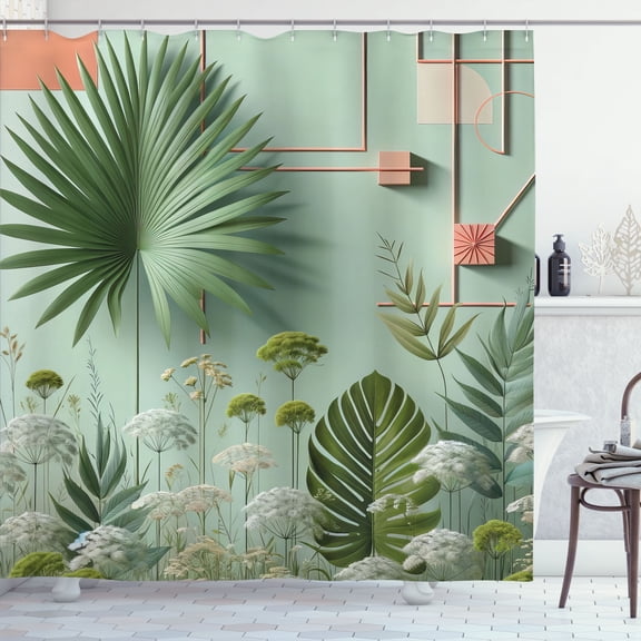 Ambesonne Sage Green Shower Curtain, Jade Tone Exotic Leaves, 69"Wx84"L, Cadet Blue Teal Salmon