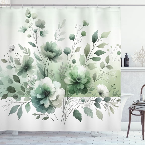 Ambesonne Sage Green Shower Curtain, Modern Farmhouse Leafy, 69"Wx70"L, Off White Cadet Blue